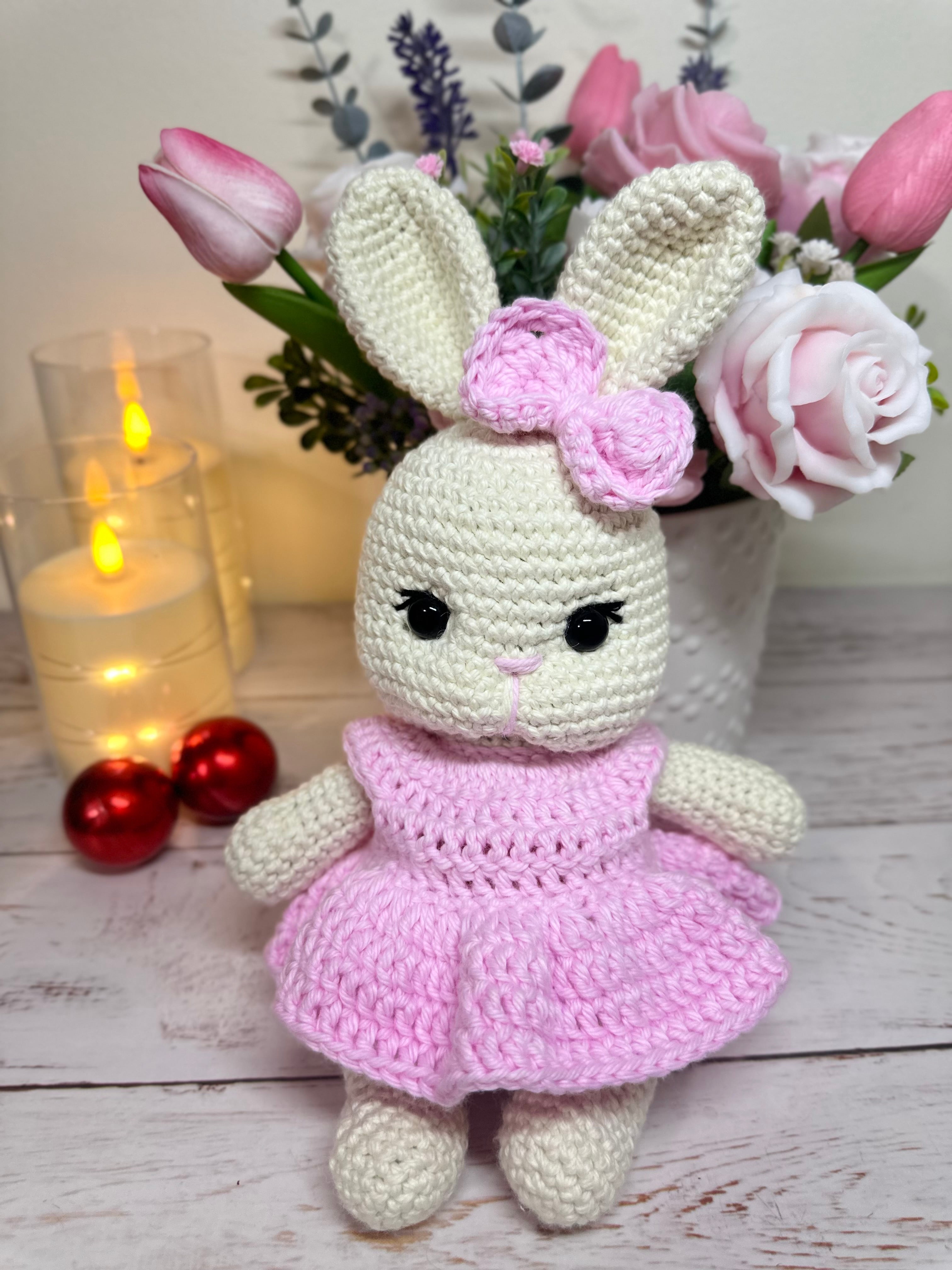 Crochet handmade bunny in pink dress