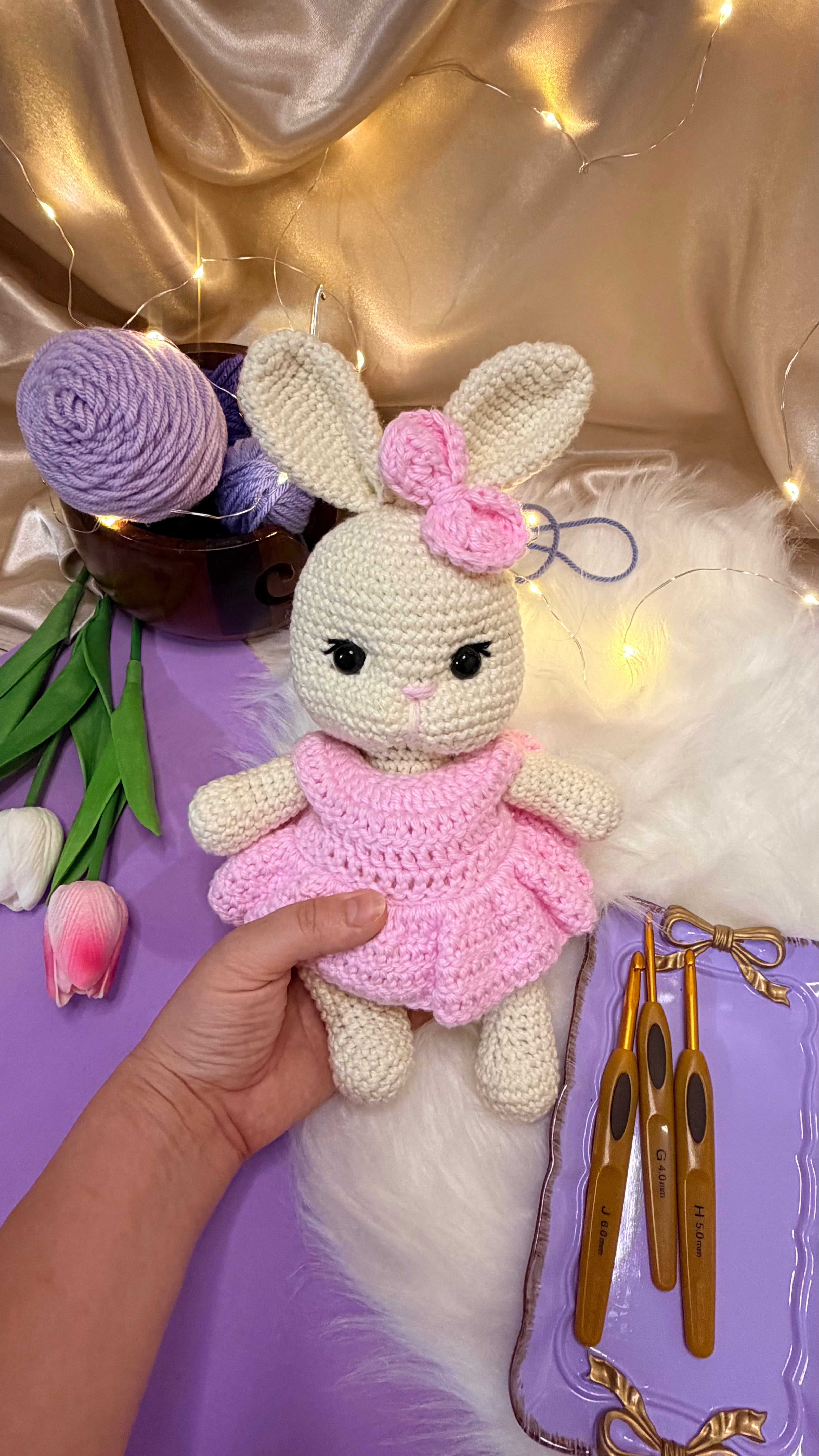 Crochet handmade bunny in pink dress