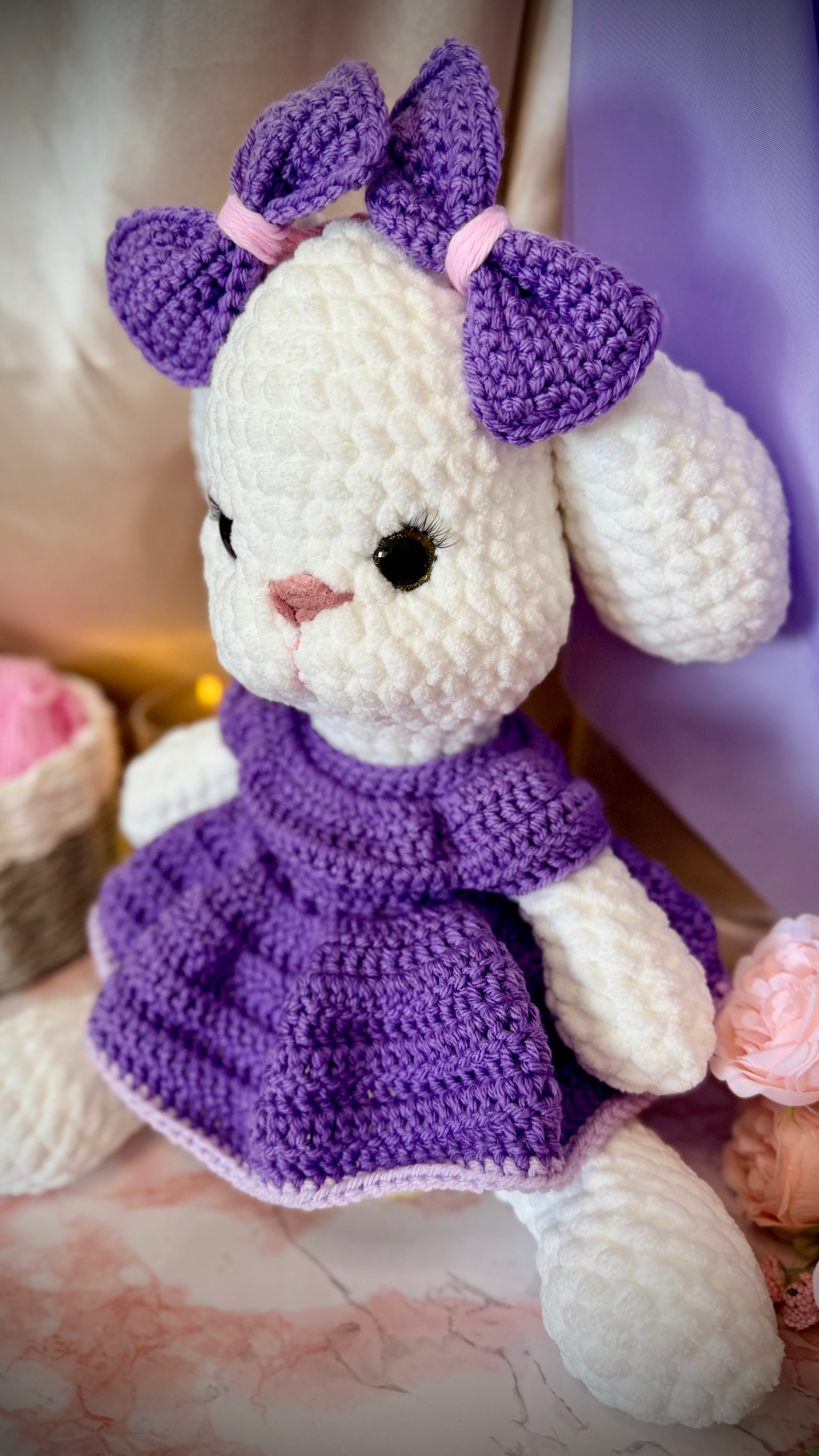 Bunny "Maple" - Handmade Crochet Bunny in Purple Dress - 17 " Plush Toy