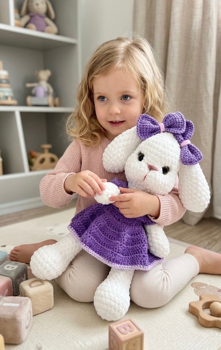 Bunny "Maple" - Handmade Crochet Bunny in Purple Dress - 17 " Plush Toy