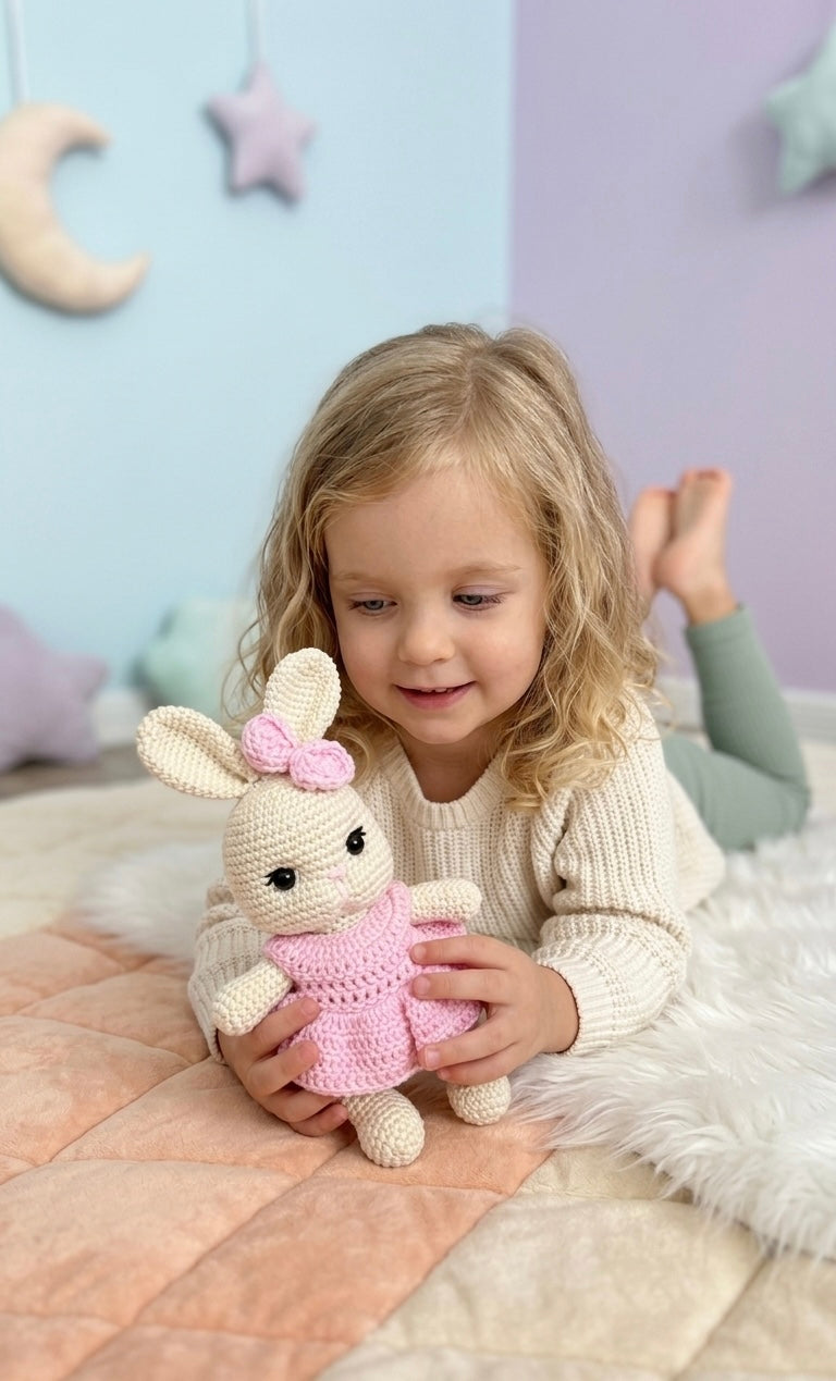 Crochet handmade bunny in pink dress
